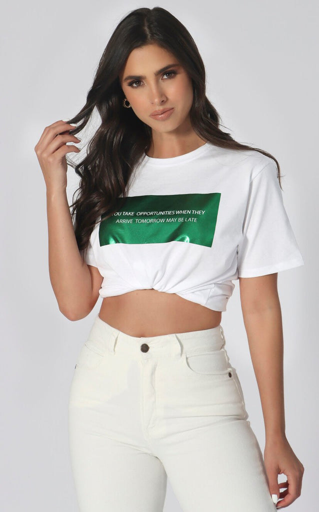 Camiseta Blanca Básica Con Estampado Verde - Navissi Clothing ♡