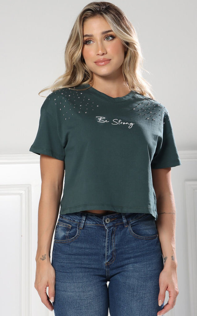 Camiseta Verde Cropped Apliques - Navissi Clothing ♡